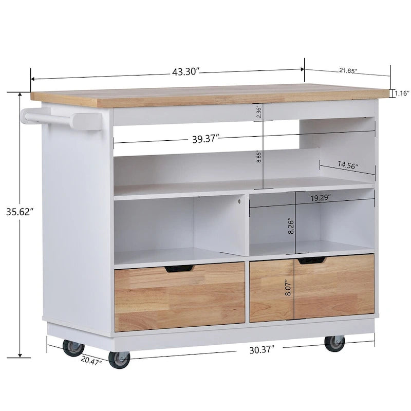 Wood Rolling Kitchen Island with 2 Drawers and 3 Open Compartments