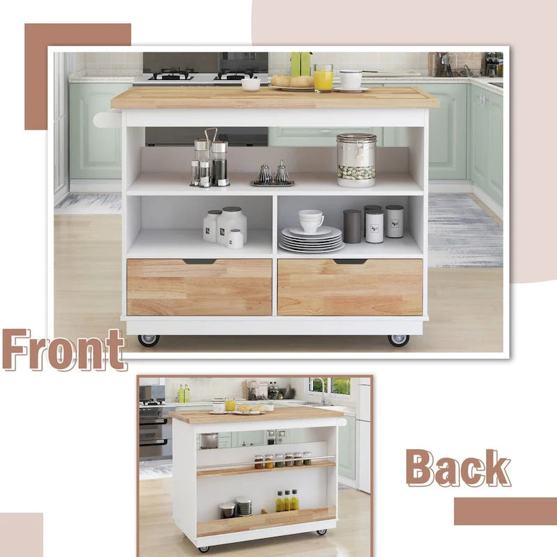 Wood Rolling Kitchen Island with 2 Drawers and 3 Open Compartments