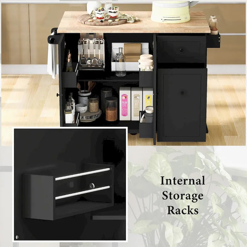 Kitchen Island with Drop Leaf, Rolling Cart on Wheels with Storage Rack and 3 Tier Pull Out Cabinet Organizer with Spice Rack