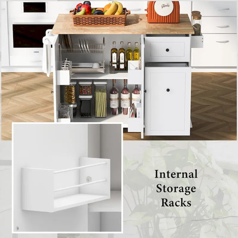 Kitchen Island with Drop Leaf, Rolling Cart on Wheels with Storage Rack and 3 Tier Pull Out Cabinet Organizer with Spice Rack