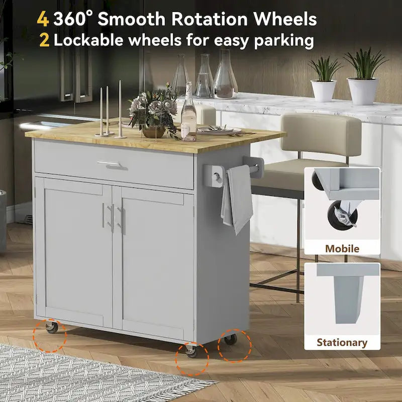 Kitchen Island with Rubber Wood Top, Spacious Drawer, Internal Storage Rack, Wheels