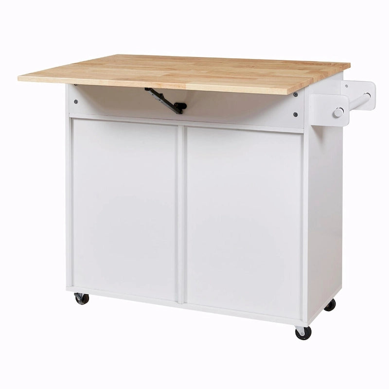 Kitchen Island with Rubber Wood Top, Spacious Drawer, Internal Storage Rack, Wheels