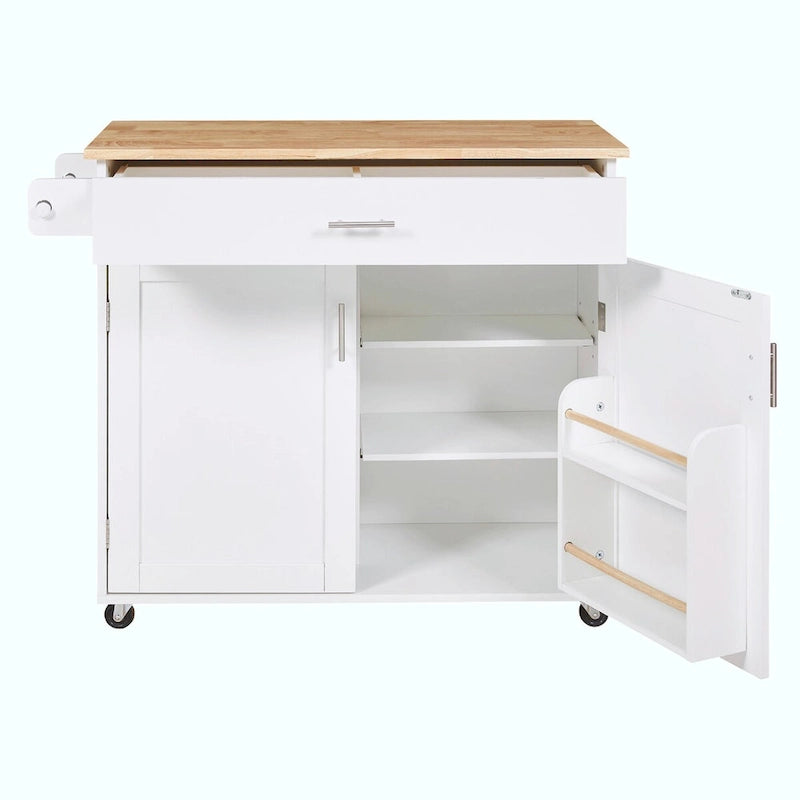 Kitchen Island with Rubber Wood Top, Spacious Drawer, Internal Storage Rack, Wheels