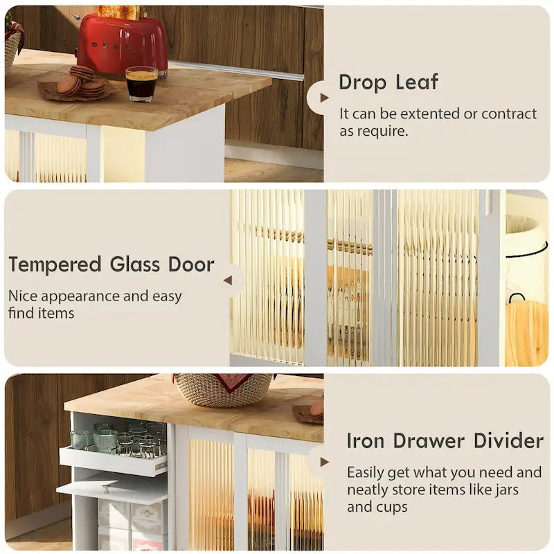 Kitchen Island with Drop Leaf,Light Cart on Wheels with 2 Glass and 1 Flip Cabinet Door,Island Cart with an Shelf and 2 Drawers