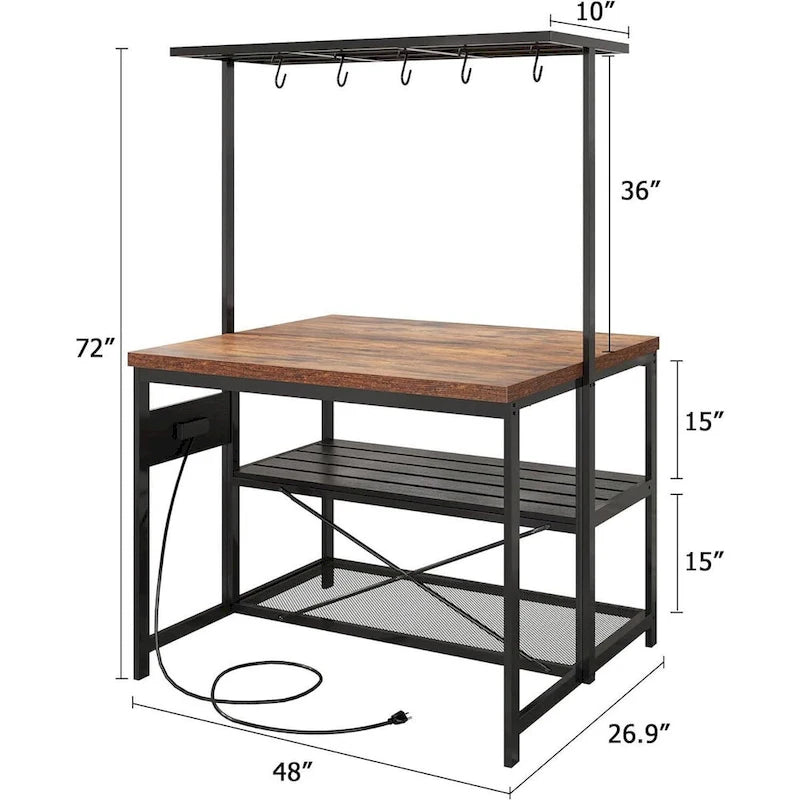 47 3 Tier Kitchen Island Table with Storage Shelf and Hooks - N/A