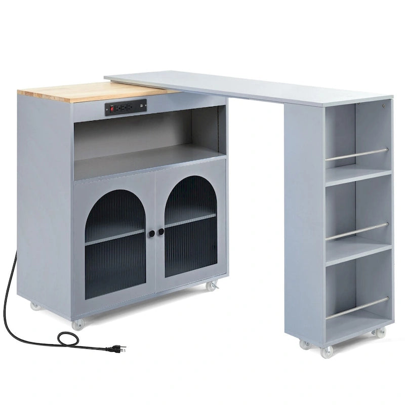 33 in. W Kitchen Island Rubberwood Top on 8 Wheels With Extended Table, LED Lights, Power Outlets