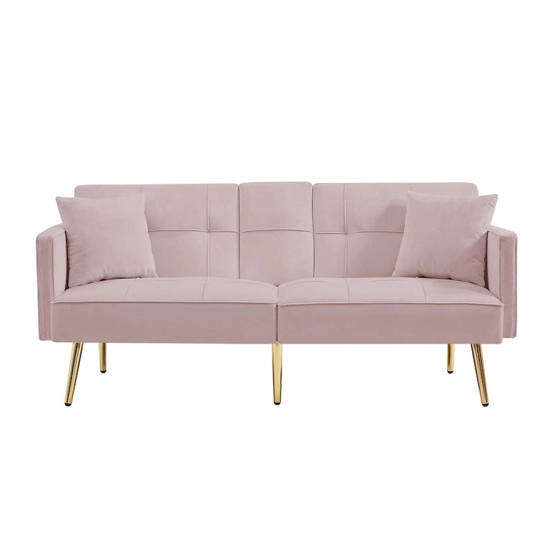 Pink Velvet Sofa Bed, Converts, Adjustable Positions, Central Armrest
