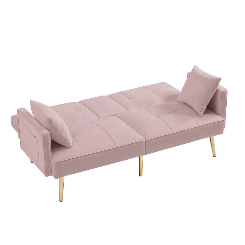 Pink Velvet Sofa Bed, Converts, Adjustable Positions, Central Armrest