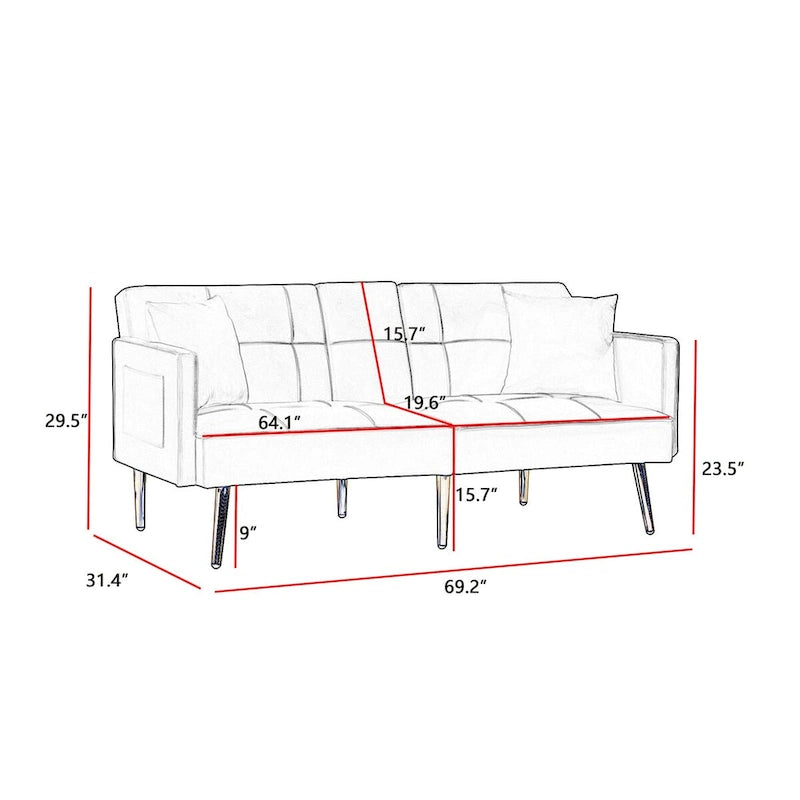 Pink Velvet Sofa Bed, Converts, Adjustable Positions, Central Armrest