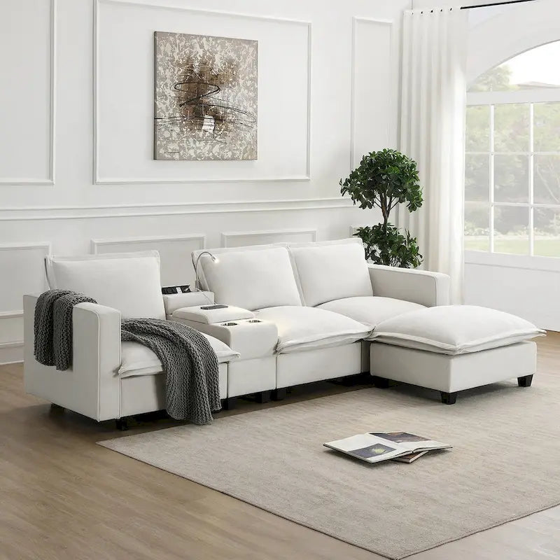 Chenille Square Arm Mid-Century Modern USB Port Sectional Sofa - 109 x 57