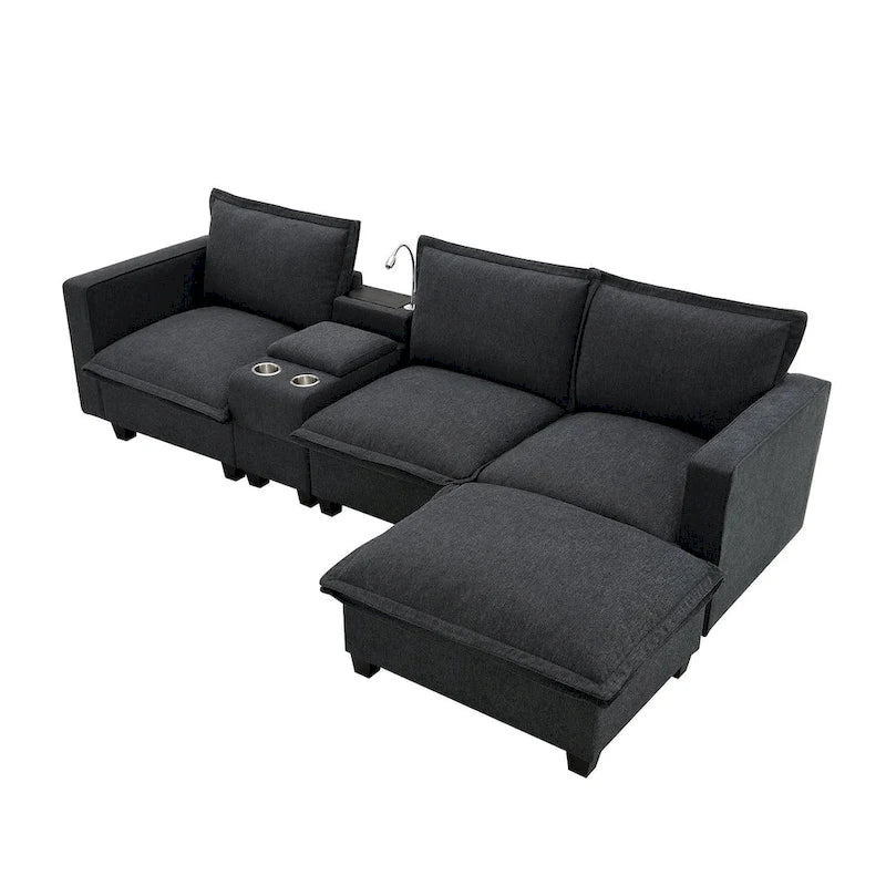 Chenille Square Arm Mid-Century Modern USB Port Sectional Sofa - 109 x 57