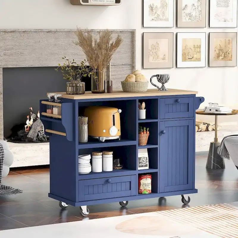 50.80 W Versatile Solid Wood Countertop Kitchen Island with Storage and Two Locking Wheels