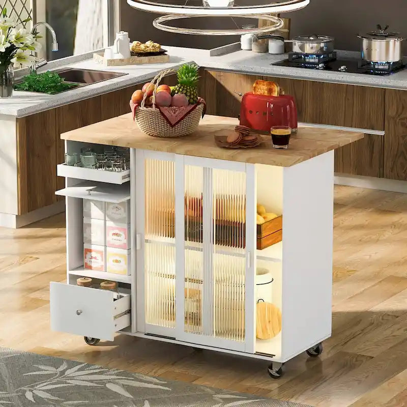 Rubberwood Kitchen Cart with Drop Leaf, Internal Storage Rack, Flip Cabinet Door, and 2 Drawers