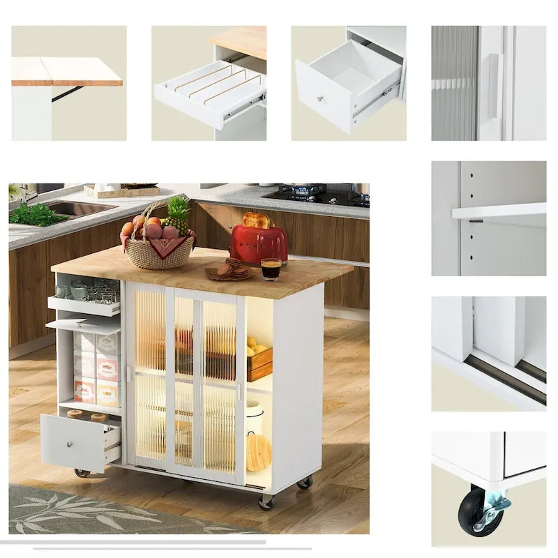 Rubberwood Kitchen Cart with Drop Leaf, Internal Storage Rack, Flip Cabinet Door, and 2 Drawers