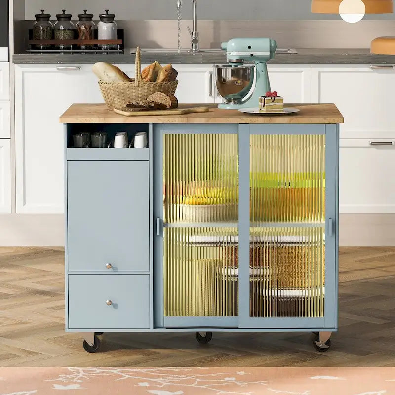 Rubberwood Kitchen Cart with Drop Leaf, Internal Storage Rack, Flip Cabinet Door, and 2 Drawers