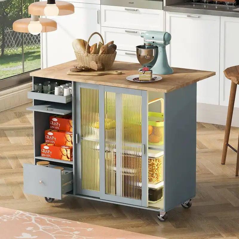 Rubberwood Kitchen Cart with Drop Leaf, Internal Storage Rack, Flip Cabinet Door, and 2 Drawers