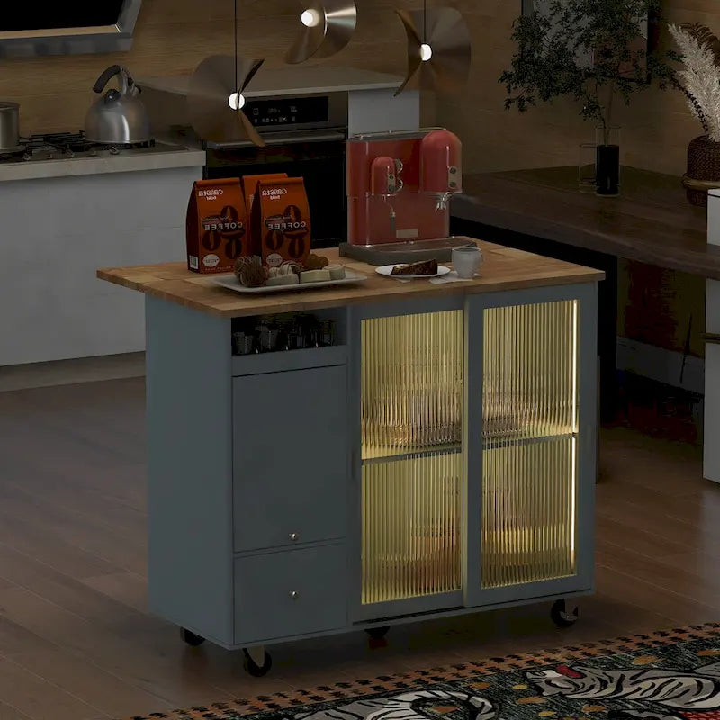 Rubberwood Kitchen Cart with Drop Leaf, Internal Storage Rack, Flip Cabinet Door, and 2 Drawers