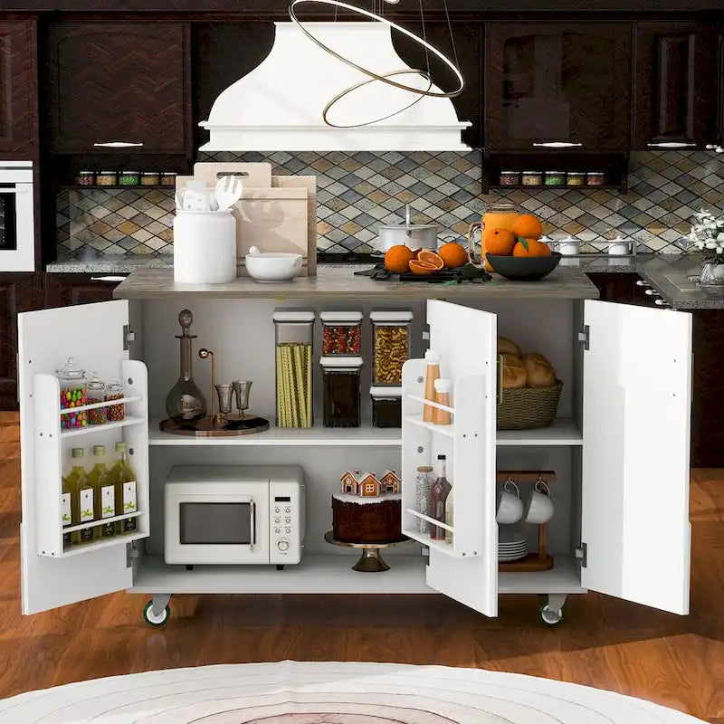 51.6 in. W Farmhouse Kitchen Island with Drop Leaf, Internal Storage Rack and Three Doors