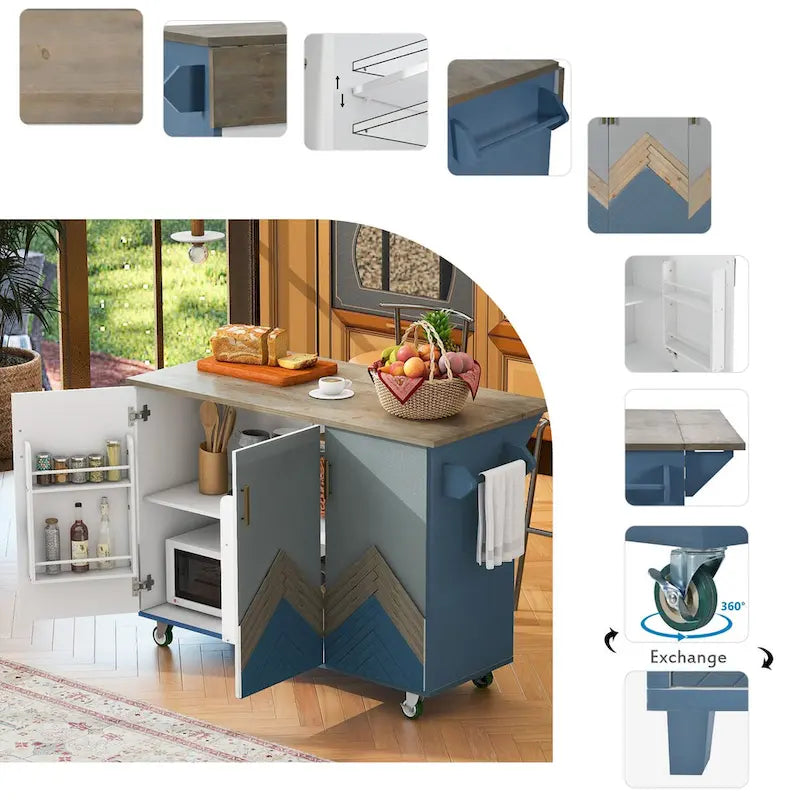51.6 in. W Farmhouse Kitchen Island with Drop Leaf, Internal Storage Rack and Three Doors