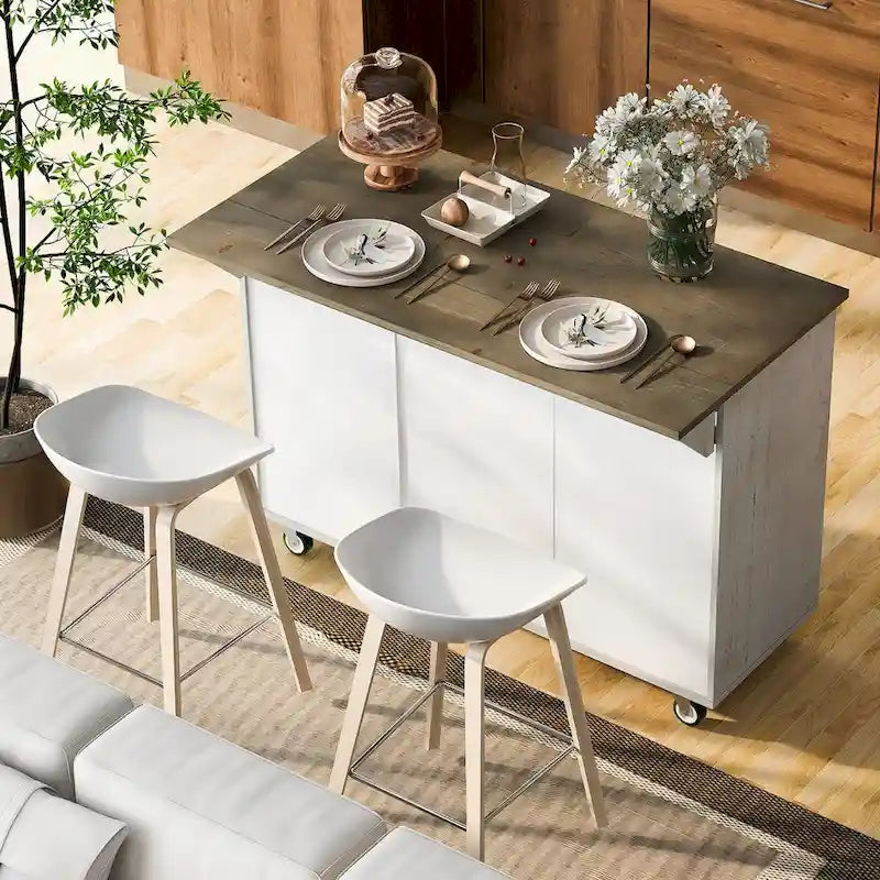 51.6 in. W Farmhouse Kitchen Island with Drop Leaf, Internal Storage Rack and Three Doors