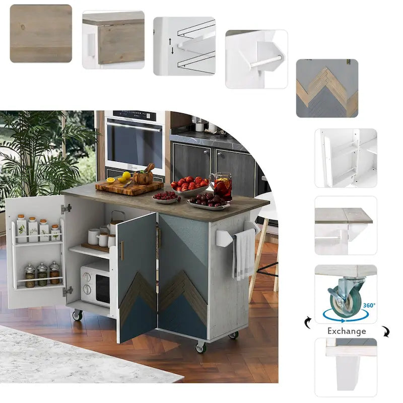 51.6 in. W Farmhouse Kitchen Island with Drop Leaf, Internal Storage Rack and Three Doors