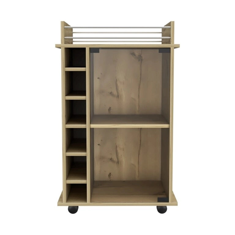 Bar Cart Baltimore, Two Tier Cabinet With Glass Door, Six Wine Cubbies, Light Oak Finish for Kitchen, Party and Living Room