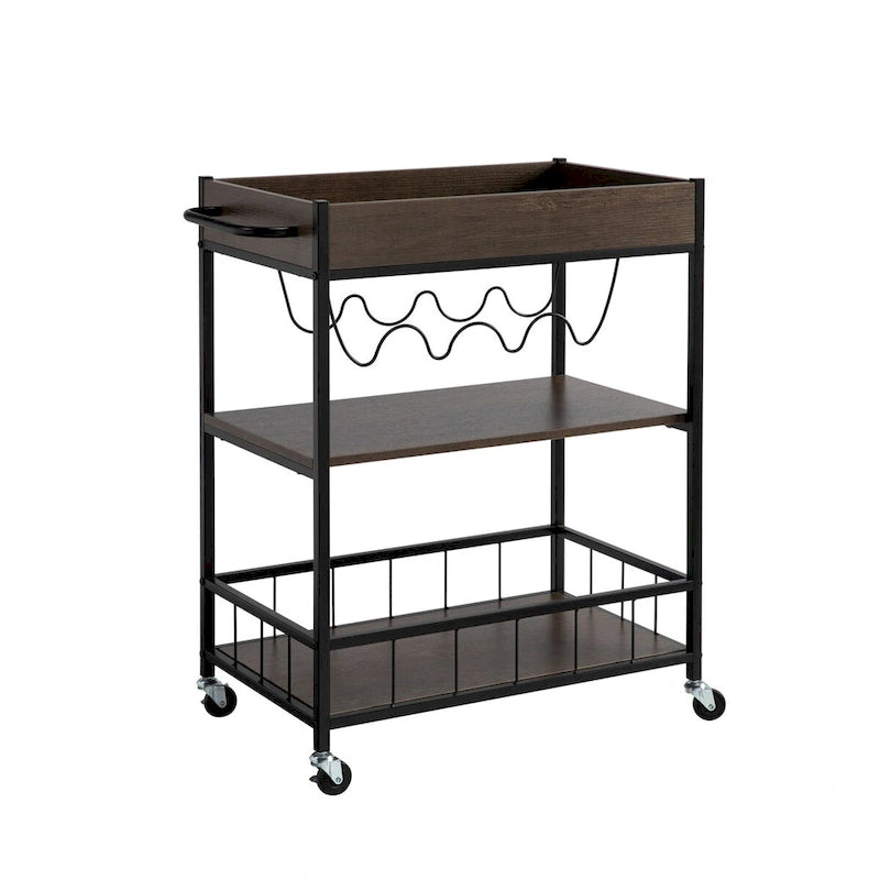 Rolling Kitchen Cart with Three Tier Storage and Four Wine Bottle Rack