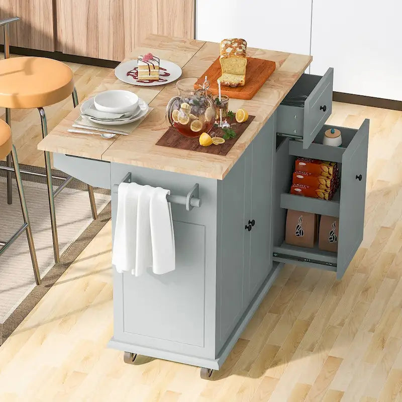 Kitchen Island with Drop Leaf, 53.9 Width Rolling Kitchen Cart on Wheels with Internal Storage Rack