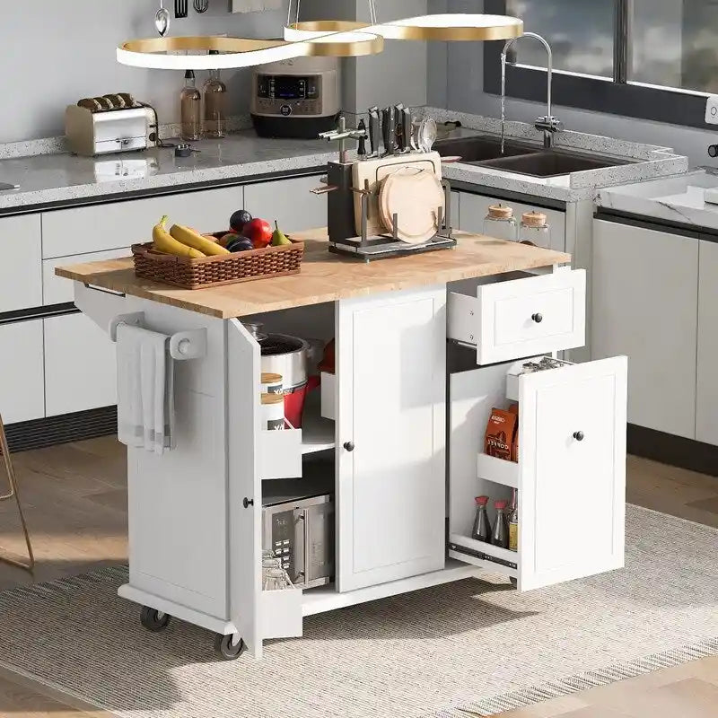 Kitchen Island with Drop Leaf, Rolling Kitchen Cart with Internal Storage Rack