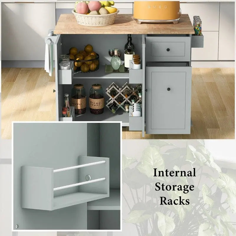 Kitchen Island with Drop Leaf, Rolling Kitchen Cart with Internal Storage Rack