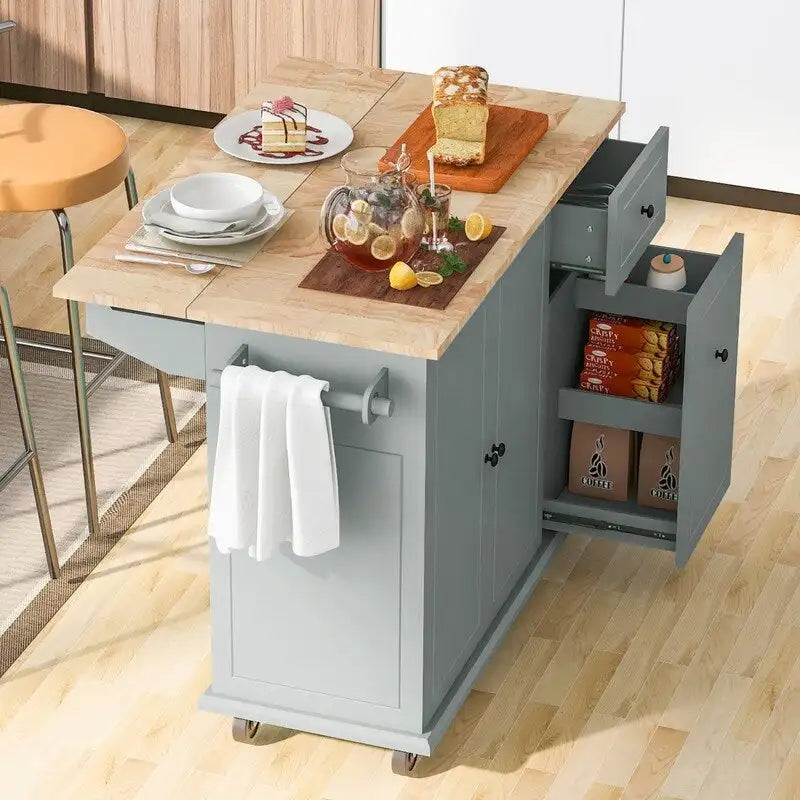 Kitchen Island with Drop Leaf, Rolling Kitchen Cart with Internal Storage Rack