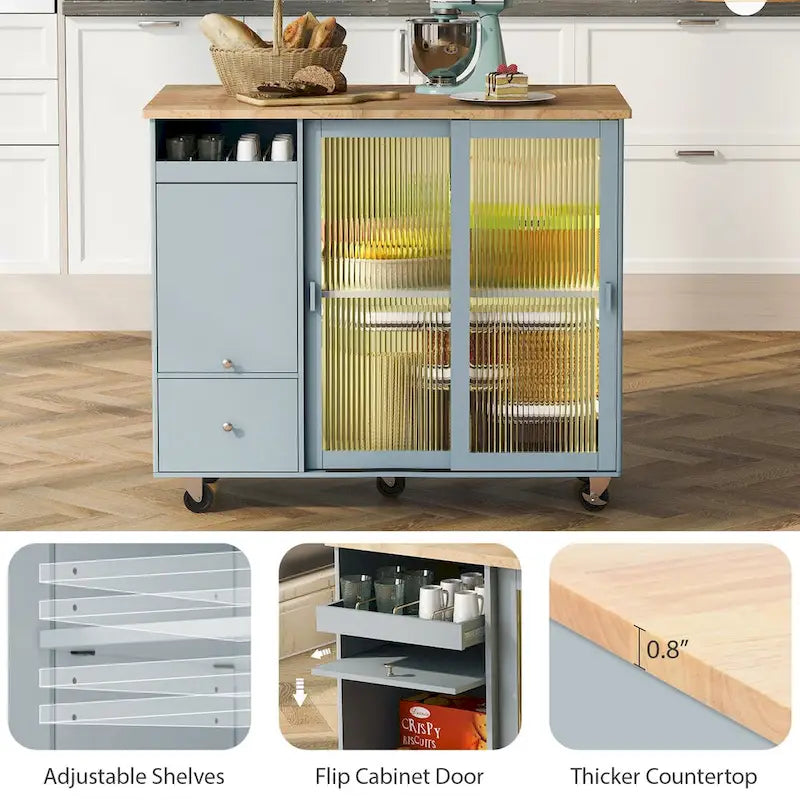 Kitchen Island Cart with Drop Leaf, LED Light, Fluted Glass Doors, Adjustable Shelf, and 2 Drawers