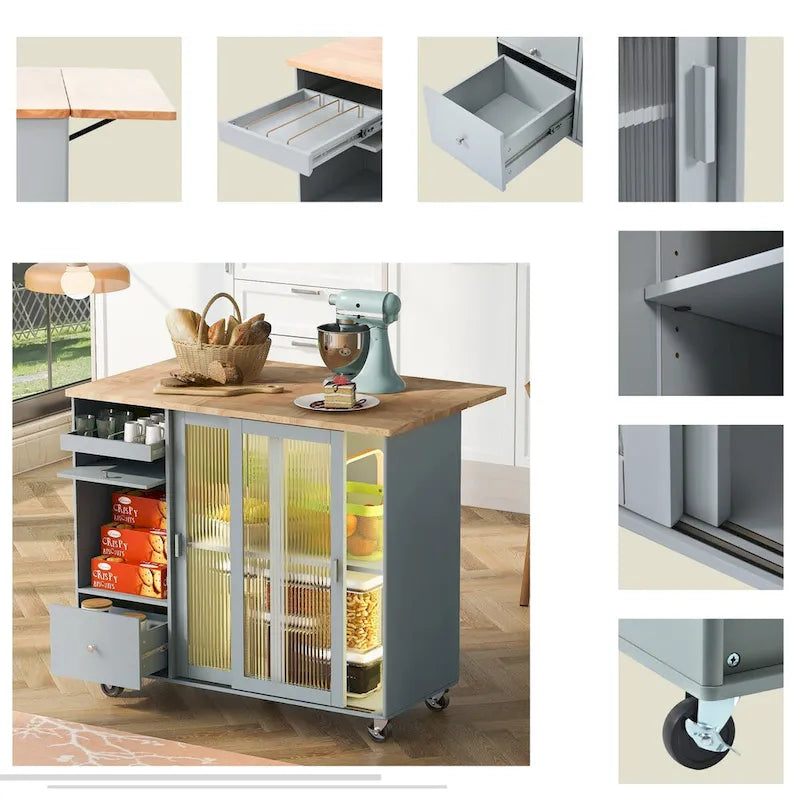 Kitchen Island Cart with Drop Leaf, LED Light, Fluted Glass Doors, Adjustable Shelf, and 2 Drawers