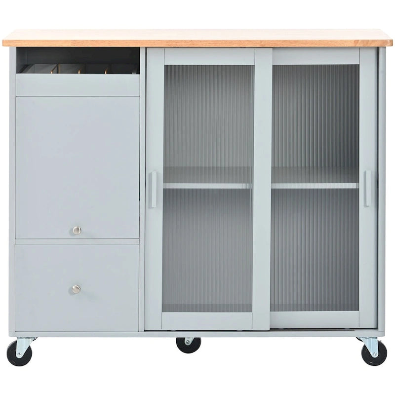 Kitchen Island Cart with Drop Leaf, LED Light, Fluted Glass Doors, Adjustable Shelf, and 2 Drawers