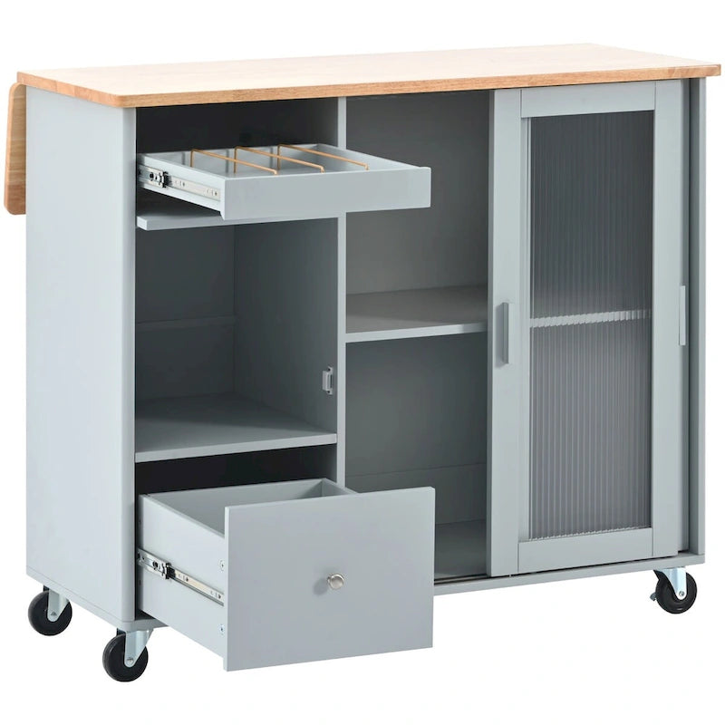 Kitchen Island Cart with Drop Leaf, LED Light, Fluted Glass Doors, Adjustable Shelf, and 2 Drawers