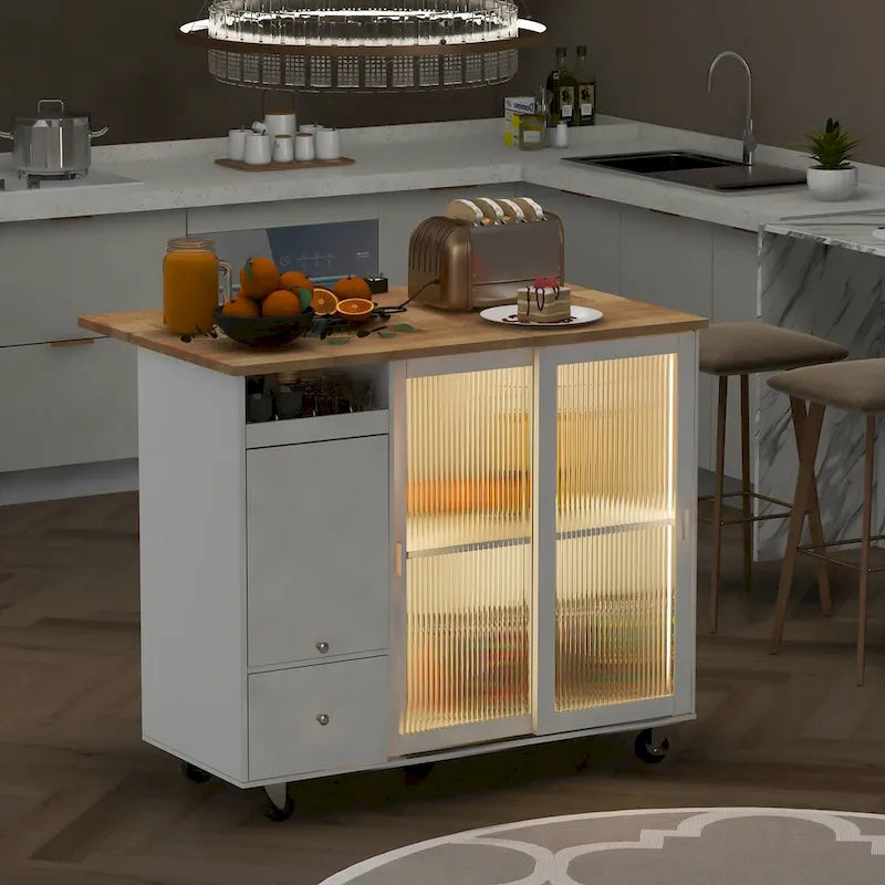 Kitchen Island Cart with Drop Leaf, LED Light, Fluted Glass Doors, Adjustable Shelf, and 2 Drawers