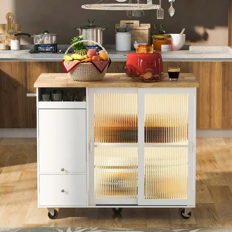Kitchen Island Cart with Drop Leaf, LED Light, Fluted Glass Doors, Adjustable Shelf, and 2 Drawers