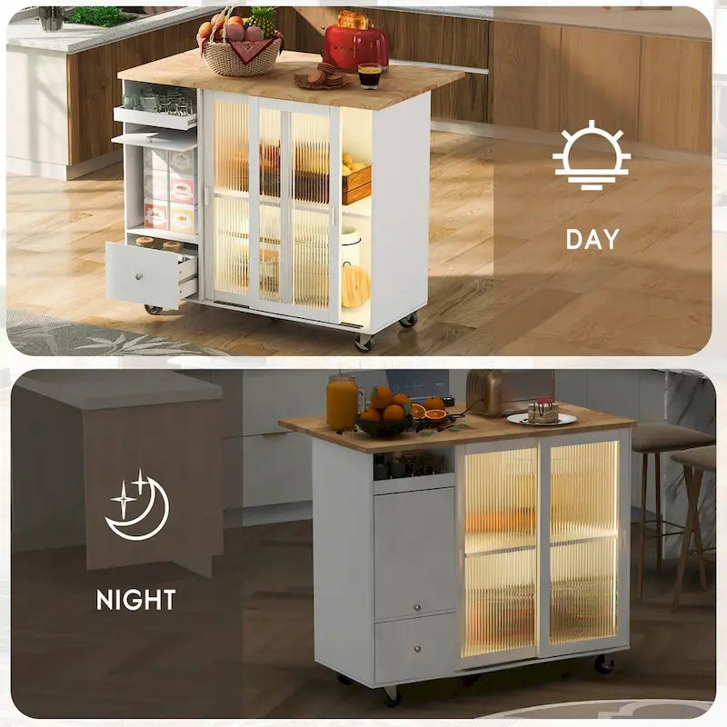 Kitchen Island Cart with Drop Leaf, LED Light, Fluted Glass Doors, Adjustable Shelf, and 2 Drawers