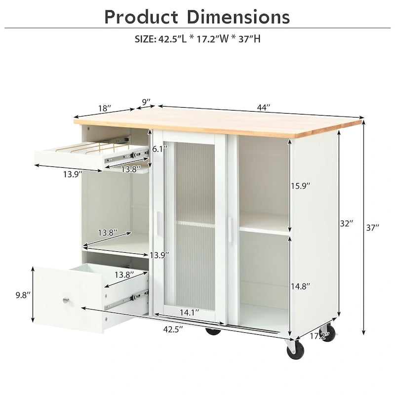 Kitchen Island Cart with Drop Leaf, LED Light, Fluted Glass Doors, Adjustable Shelf, and 2 Drawers