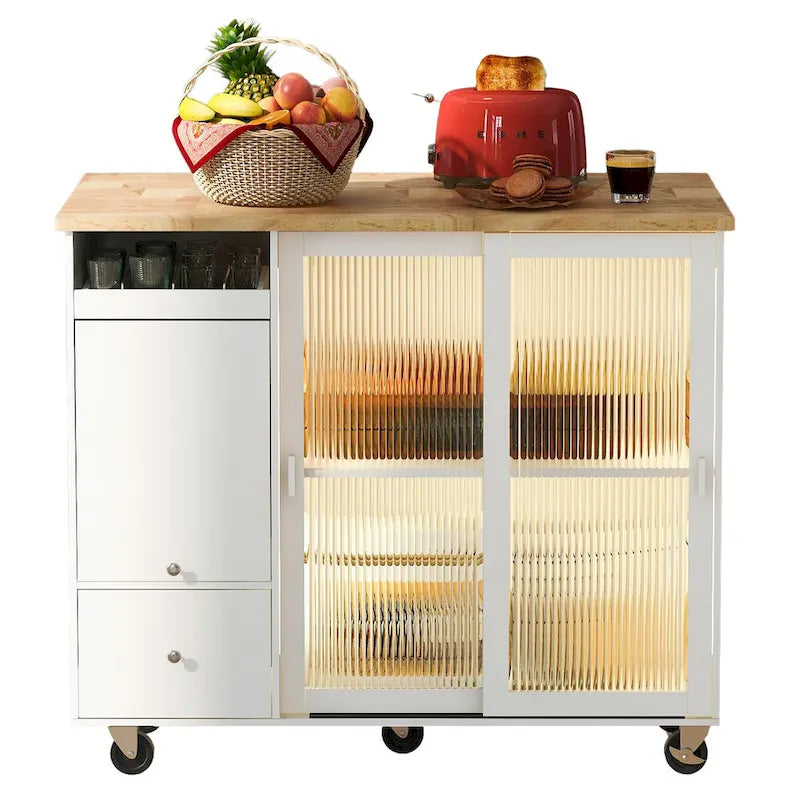 Kitchen Island Cart with Drop Leaf, LED Light, Fluted Glass Doors, Adjustable Shelf, and 2 Drawers