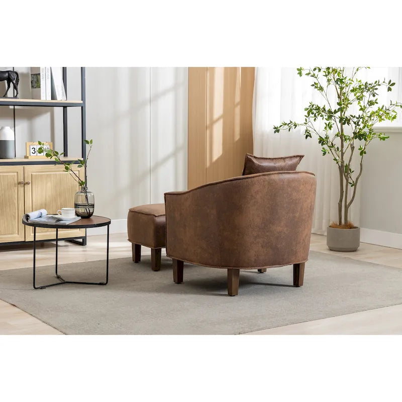 Mid-Century Upholstered Barrel Accent Round Arm Chair with Ottoman