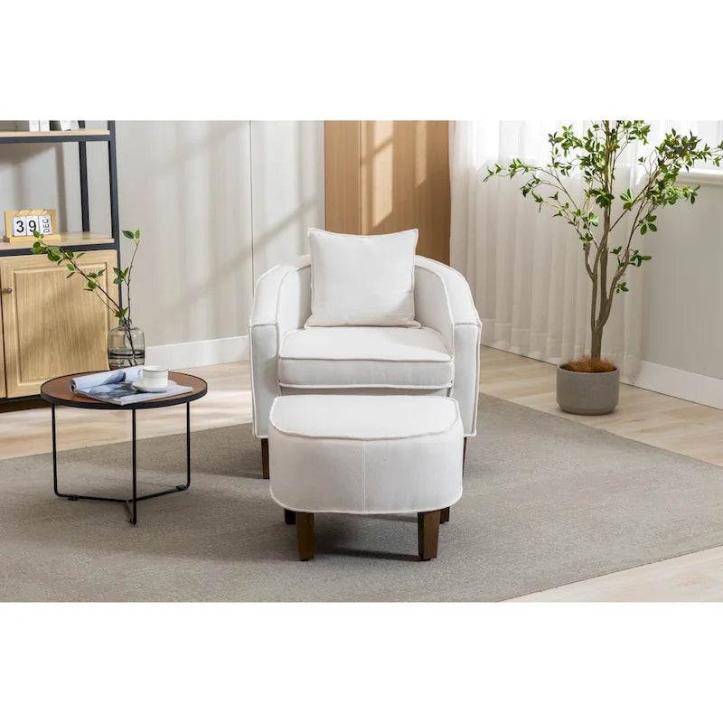 Mid-Century Upholstered Barrel Accent Round Arm Chair with Ottoman
