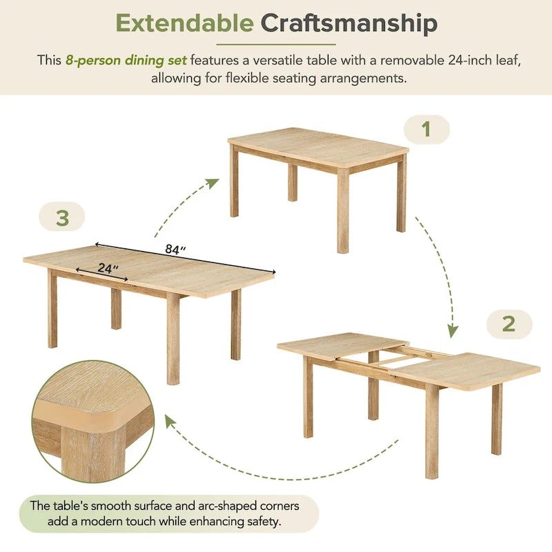 Rustic Extendable Dining Table Set with 24inch Removable Leaf, 6 Upholstered Armless Dining Chairs and 2 Padded Arm Chairs