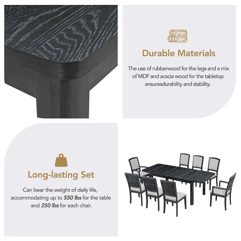 Rustic Extendable Dining Table Set with 24inch Removable Leaf, 6 Upholstered Armless Dining Chairs and 2 Padded Arm Chairs