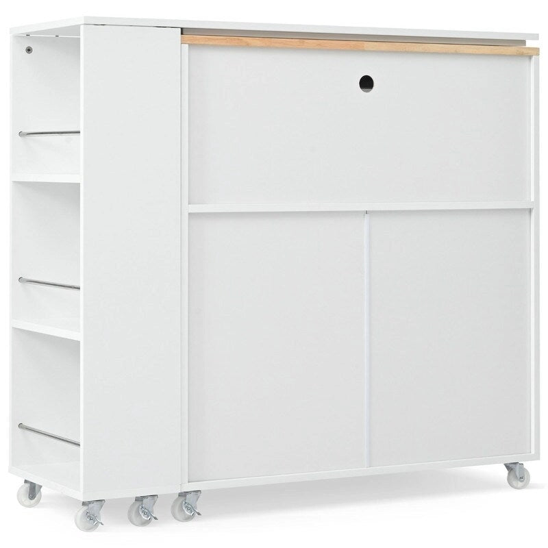 Rolling Kitchen Island on Wheels With Extended Table,LED Lights,Power Outlets and 2 Fluted Glass Doors