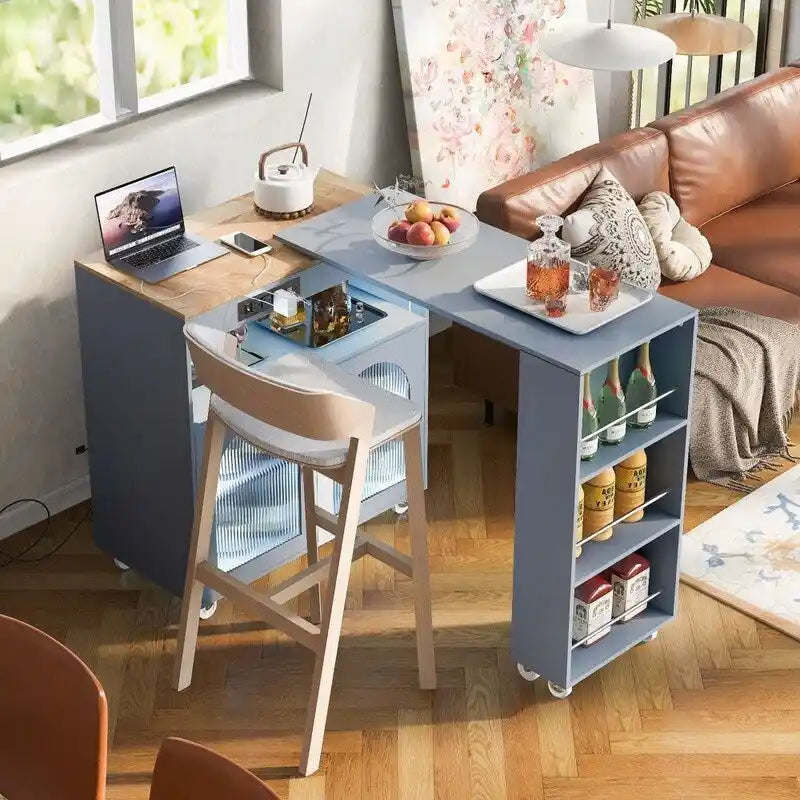 Rolling Kitchen Island on Wheels With Extended Table,LED Lights,Power Outlets and 2 Fluted Glass Doors