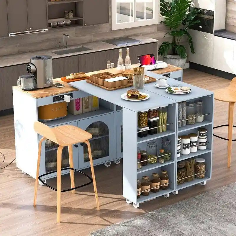 Rolling Kitchen Island on Wheels With Extended Table,LED Lights,Power Outlets and 2 Fluted Glass Doors