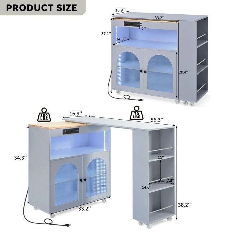 Rolling Kitchen Island on Wheels With Extended Table,LED Lights,Power Outlets and 2 Fluted Glass Doors