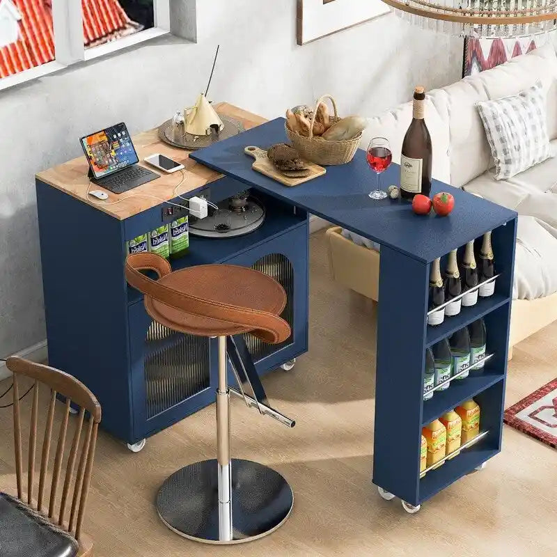 Rolling Kitchen Island on Wheels With Extended Table,LED Lights,Power Outlets and 2 Fluted Glass Doors