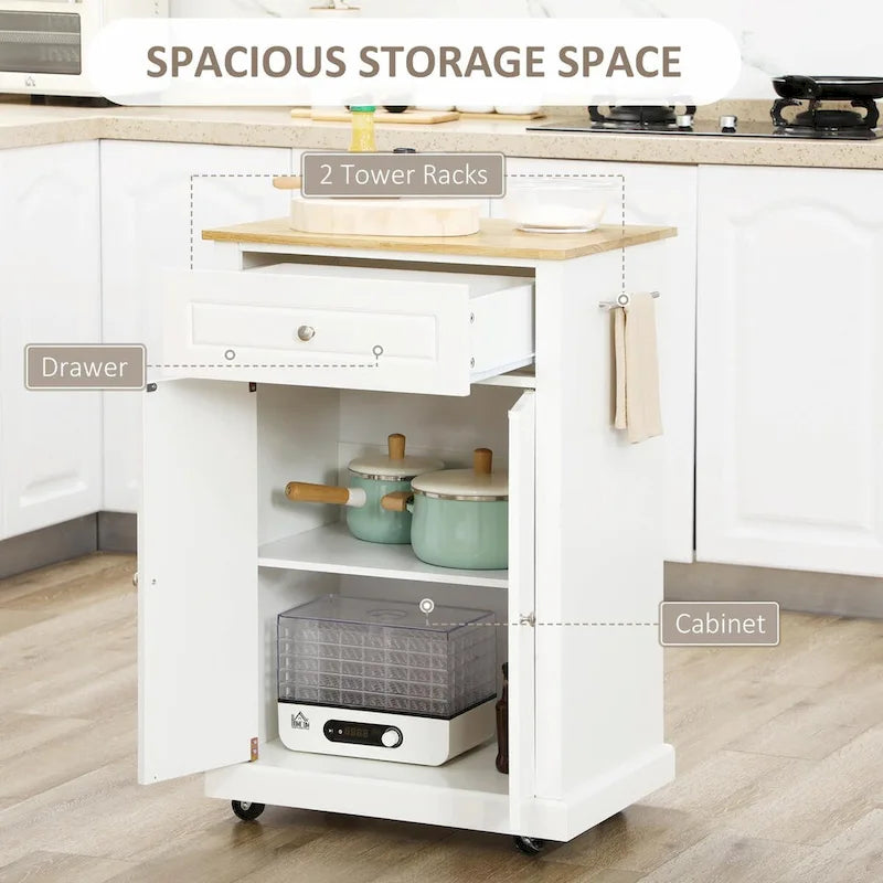 Rolling Kitchen Island Cart with Drawer, Adjustable Shelf, and 2 Towel Racks